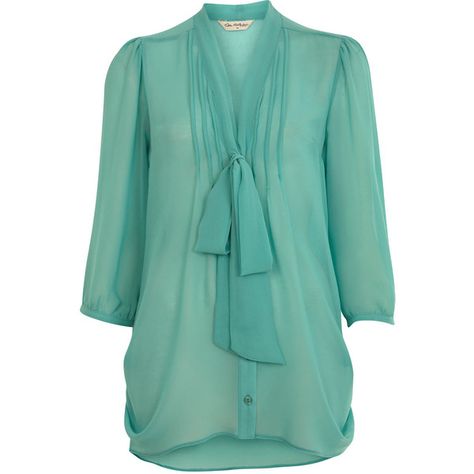 Mint bow Blouse Casual Turquoise Long Sleeve Blouse, Chic Button-up Chiffon Blouse, Polyvore Tops, Mint Green Blouse, Teal Pastel, Chic Light Blue Button-up Blouse, Elegant Light Blue Button-up Blouse, Pussybow Blouse, Mint Blouse