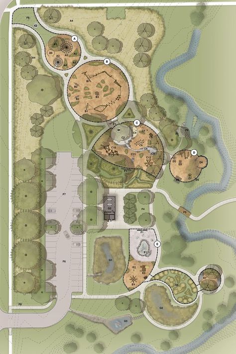 Nature Playground Design, Park Layout Landscape, Playground Masterplan, Natural Park Design, Park Design Plan, Playground Layout, Playground Floor Plan, Sand Playground, Park Floor Plan