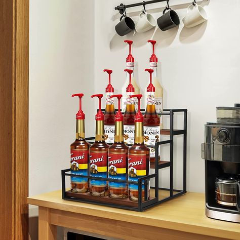 Syrup Rack Coffee Shop, Drink Rack Ideas, Coffee Syrups Display, Coffee Syrup Storage, Coffee Bar Syrup Display, Drink Station Ideas Kitchens, Coffee Syrup Organization, Boba Business, Syrup Organizer