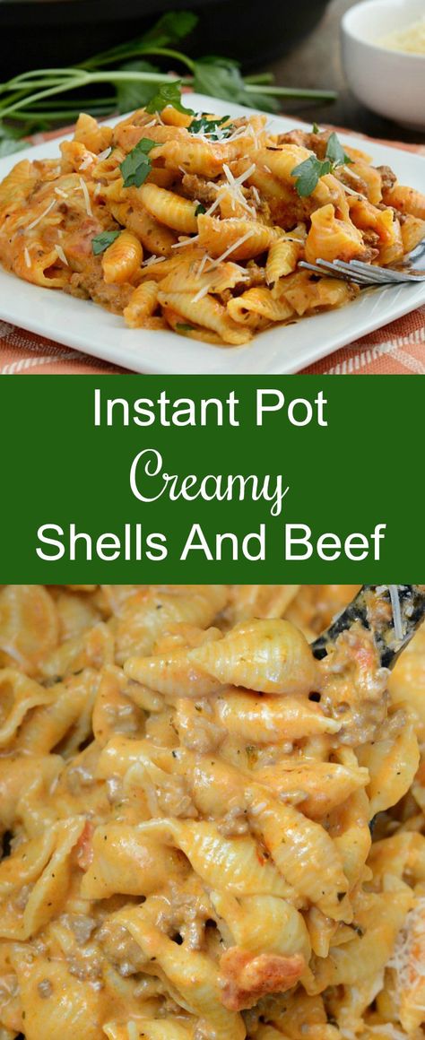 Instant Pot Creamy Shells and Beef - Meatloaf and Melodrama Creamy Shells And Beef, Pasta With Ground Beef, Beef Recipe Instant Pot, Resep Pasta, Tomato Cream Sauce, Hamburger Helper, Instant Pot Dinner Recipes, Minced Meat, Instapot Recipes