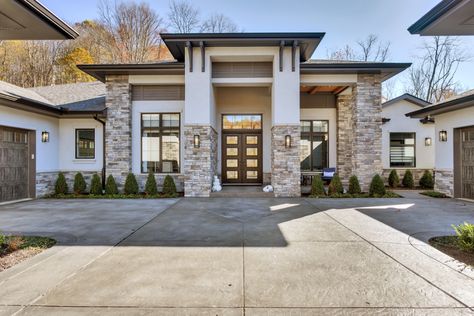 Rochester Home - Modern - Exterior - Other - by Executive Developers, LLC | Houzz House Stone Exterior Ideas Modern, Single Story Stucco Exterior, Stone With Stucco Exterior, Single Story Modern Ranch House Exterior, Stone Stucco House Exterior, Stucco And Rock Exterior Home, Modern Exterior Entryway, House Stone Exterior Ideas, Yard Entrance Ideas