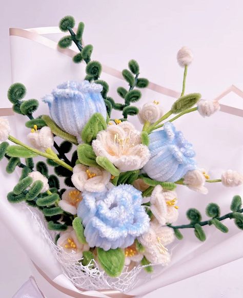 blue rose bouquet for her Blue Pipe Cleaner Bouquet, Flower Bouquet With Stuffed Animal, Flower Bouquet Pipe Cleaner, Chenille Flower Bouquet, Pipecleaner Flower Bouquet, Pipe Cleaner Flowers Bouquet, Pipe Cleaner Flower Bouquet, Pipe Cleaner Bouquet, Pink Flowers Bouquet