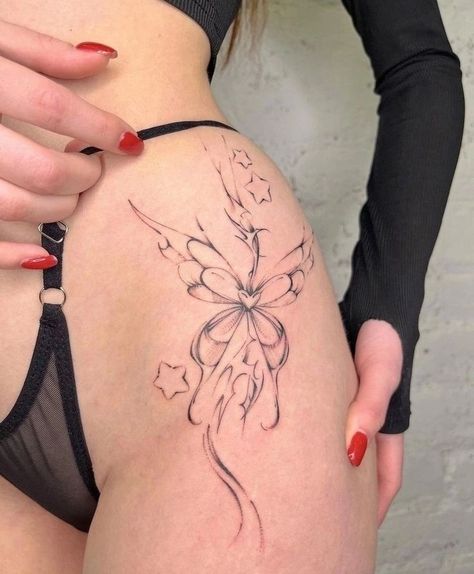 Double Hip Tattoo, Purple Tattoo Ideas, Blitz Tattoo, Sharpie Tattoos, Small Pretty Tattoos, Tattoo Girls, Thigh Tattoos Women, Discreet Tattoos, Dainty Tattoos