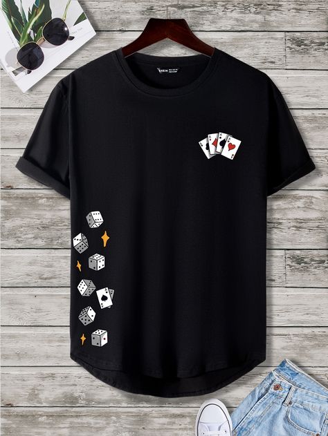 Black Casual Collar Short Sleeve Fabric Letter  Embellished Slight Stretch Summer Men Clothing T Shirt Printing Design Ideas, Streetwear Tshirt Design Clothing, Mens T Shirt Print Design, Tshirt Print Ideas, Playing Card Print, T-shirt Print Design, Cool Shirt Designs, T Shirt Design Ideas, Mens Tees Fashion