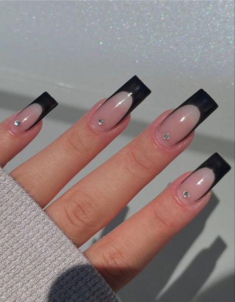 Black Matt French Tip Nails, Black French Nails Rhinestones, Black French Top With Gems, Black French Tip Nails Short Coffin, Fancy Black Nails With Gems, Black French Tip Nails Tapered Square, Black French Tip Nails With Rine Stones, Black French With Diamonds, Black French Tip Gems