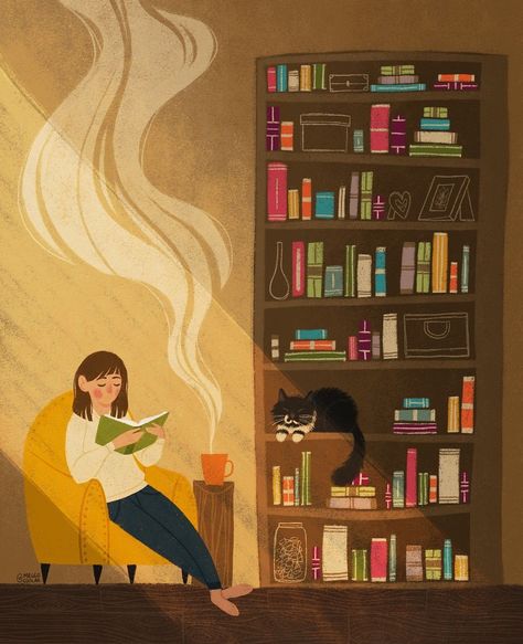 Bookshelf Illustration Art, Library Drawing Illustration, Bookshelf Illustration, Yellow Chair, Tea And Books, Reading Art, Girl Reading, Coffee And Books, Dreamy Art