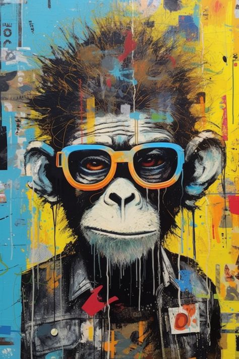 Monkey Pop Art, Monkey Art Illustration, Monkey Painting, Nordic Painting, Toilet Restaurant, Funky Monkey, Whimsical Art Paintings, Arte Punk, Blue Backdrop