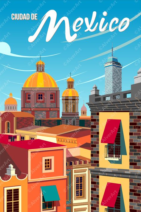 Mexico City Old Town Street Print Mexico Tourism, Vacation List, Mexico History, Tourism Poster, Global City, Beautiful Paris, Mexico Art, Central America Travel, Garage Art