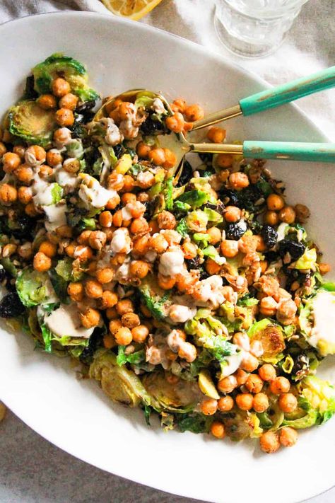 Shaved Brussels Sprouts Salad with Crispy Chickpeas and Lemon Tahini Salad With Chickpeas, Brussels Sprouts Salad, Sprouts Salad, Crispy Chickpeas, Brussel Sprout Salad, Tahini Dressing, Vegetarian Dinners, Roasted Chickpeas, Dinner Salads