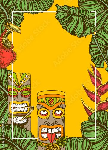 Stock Image: Flyer for  tiki party. Background with wooden idols, tropical flowers and leaves, cocktail. Color. Engraving style. Vector illustration. Tiki Font, Ancient America, Hawaiian Leaf, Hawaiian Party Theme, Cocktail Illustration, Tiki Decor, Tiki Bar Decor, Tiki Art, Hawaiian Decor