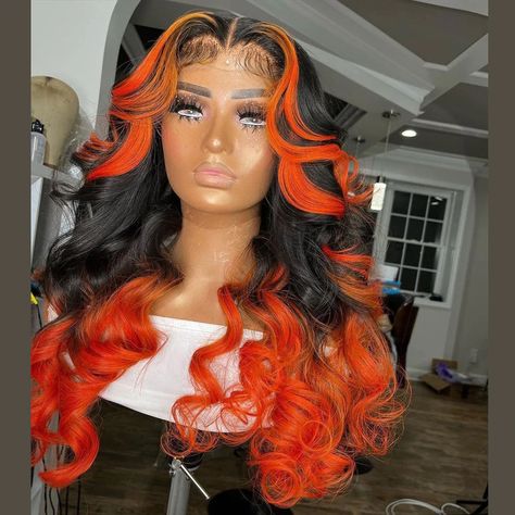 Highlight Orange Colored Lace Frontal Human Hair Wigs Lace Closure Wig Ombre Orange Body Wave For Black Women Pre-Plucked Skunk Stripe, Orange Highlights, Black Ombre, Colored Wigs, Raw Hair, Front Lace Wigs Human Hair, Ombre Color, Full Lace Wig, Black Girls Hairstyles