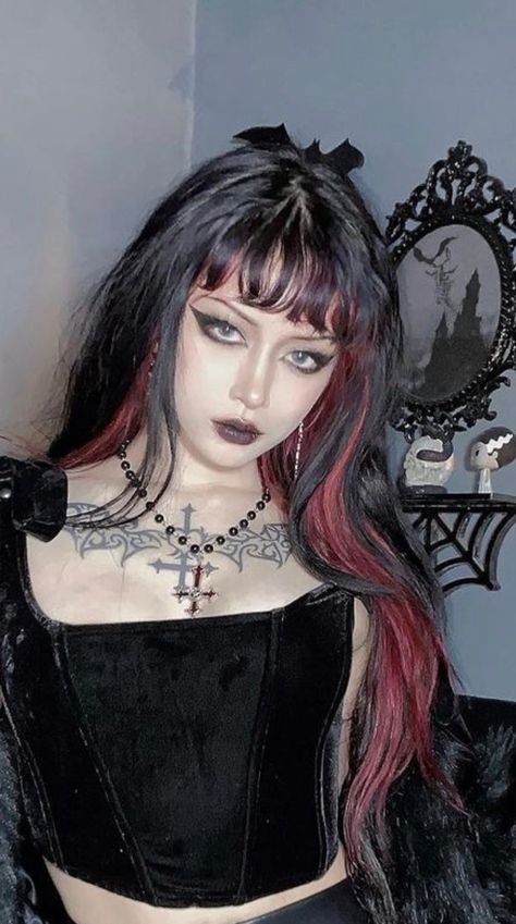 Gothic Hairstyles For Curly Hair, Curly Gothic Hairstyles, Goth Hairstyles For Curly Hair, Goth Prom Hair, Long Alt Hair, Goth Curly Hair, Goth Hair Dye, Goth Red Hair, Long Goth Hair