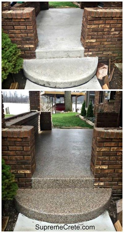 Graniflex Porch, Patio Resurfacing Ideas, Concrete Patio Resurfacing, Patio Step, Concrete Front Porch, Deck Step, Curved Patio, Concrete Patio Makeover, Concrete Repair