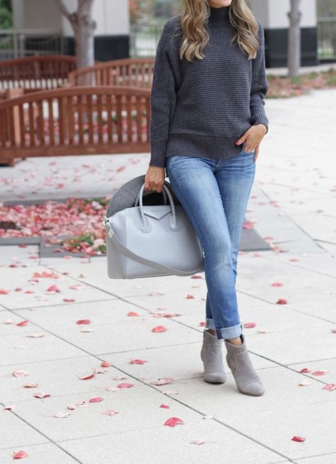 Personal Style Blog - all about fashion and looking stylish and chic for less. Gray Booties Outfit, Grey Booties Outfit, Grey Ankle Boots Outfit, Gray Shoes Outfit, Grey Boots Outfit, Booties Outfit Fall, Grey Sweater Outfit, Jeans Heels Outfit, Boots Outfit Ankle