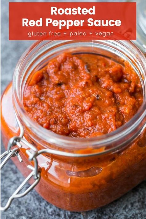 Roasted Red Pepper Sauce with garlic, onion and crushed tomatoes - Serve over pasta, chicken, fish or veggies and enjoy! #GlutenFree #Vegan #Paleo #Whole30 #RoastedRedPepper Roasted Red Pepper Sauce Recipe, Roasted Red Pepper Pasta Sauce, Red Pepper Sauce Recipe, Red Pepper Pasta Sauce, Pepper Sauce Recipe, Roasted Red Pepper Pasta, Red Pepper Pasta, Roasted Red Pepper Sauce, Paprika Sauce