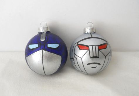 Nerdy Ornaments, Transformers Christmas, Transformers Decorations, Optimus Prime And Megatron, Michigan Christmas, Nerdy Christmas, Geek Christmas, Painted Ornament, Ornaments For Christmas