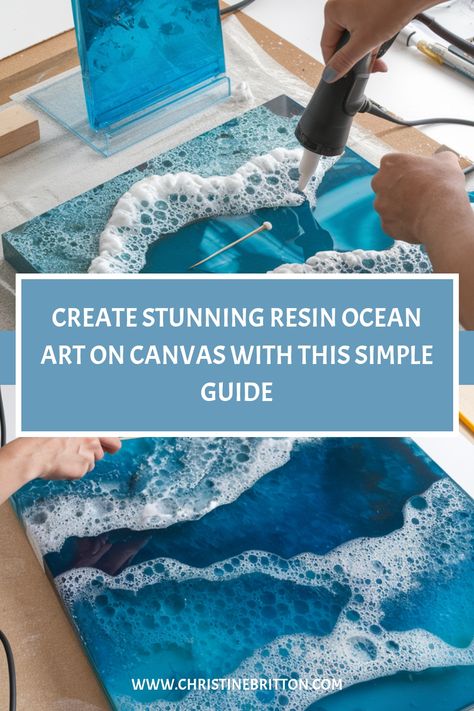 Hands using a heat gun to create resin ocean art on canvas, with foamy white waves on a blue background. Art With Resin, Resin Ocean Art, Resin On Canvas, Using Resin, Clean Workspace, Acrylic Pouring Techniques, Dry Sand, Sand Textures, Resin Uses