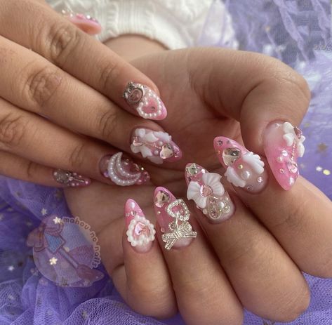 Kawaii Nails Charms, Harajuku Nail Art, Decora Nails, Pink Nails Cute, Gyaru Nails, Junk Nails, Blush Nails, Pretty Gel Nails, Really Cute Nails