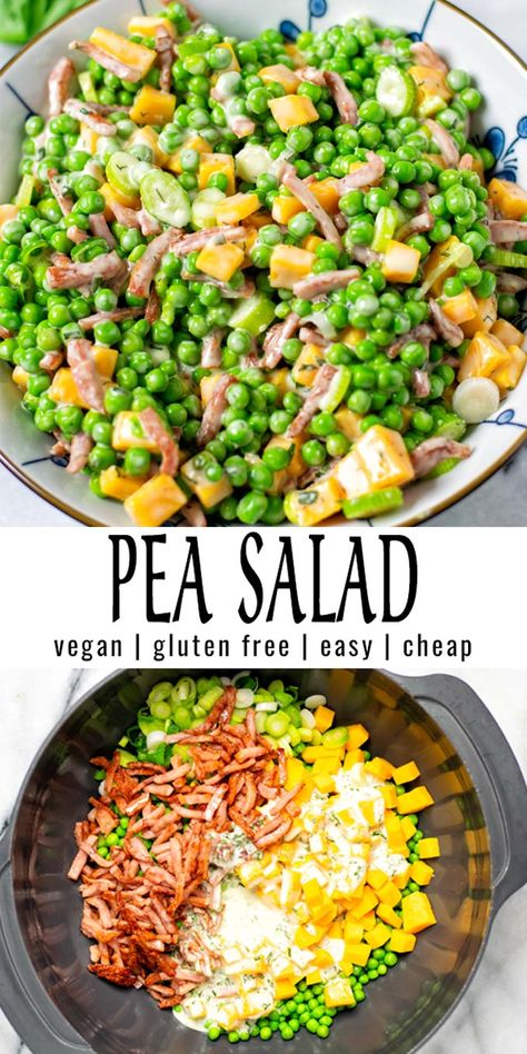 So easy and delicious: this Pea Salad comes together in under 20 minutes and is great for everyone that won't touch a salad. It is satisfying, delicious, comforting and you never know it is vegan. All covered in the most amazing ranch dressing. #vegan #dairyfree #vegetarian #contentednesscooking #dinner #lunch #mealprep #peasalad