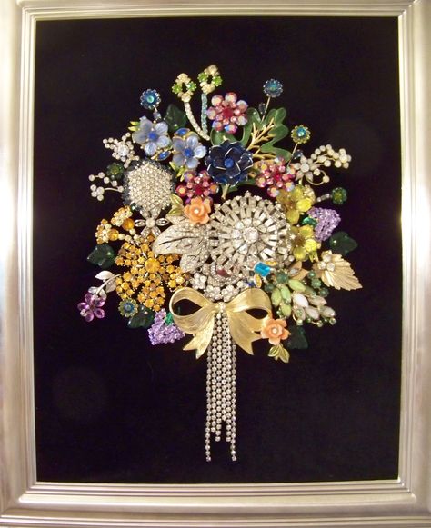 my bouquet of rhinestones created with vintage brooches, earrings, rhinestone and placed in a shadowbox frame. Jewelry Shadow Box, Brooch Display, Old Jewelry Crafts, Costume Jewelry Crafts, Jeweled Christmas Trees, Vintage Jewelry Ideas, Jewelry Frames, Vintage Jewelry Repurposed, Jeweled Christmas