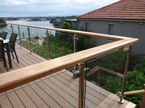 Glass balustrade with Timber Top Rail Decking Glass Balustrade, Glass Balcony Railing, Glass Railing Deck, Fence Balcony, Glass Pool Fencing, Glass Fence, Glass Balcony, House Balcony, Balcony Railing Design