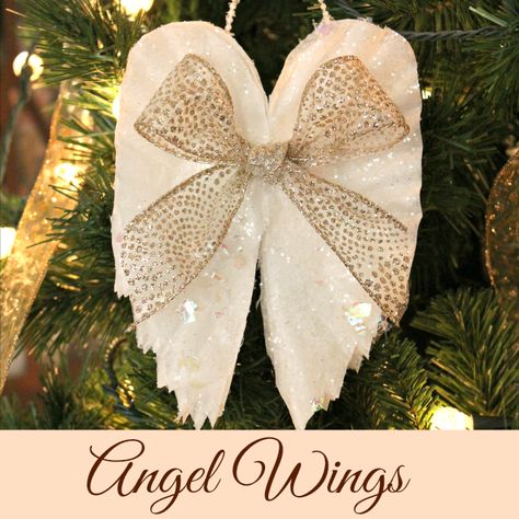 Angel wings ornament made from coffee filters Angel Wings Ornament, Christmas Decorating Hacks, Coffee Filter Wreath, Angel Wing Ornaments, Coffee Filter Crafts, Deco Mesh Christmas Wreaths, Angel Crafts, Coffee Filters, Coffee Filter