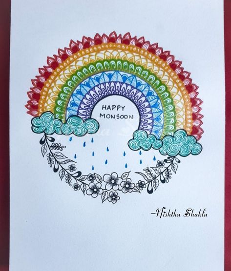 #monsoon #mandala #doodle #color #easy #sketch #rainbow #clouds #flowers Cloud Mandala Art, Monsoon Mandala Art, Mandala Art Rainbow, Rainbow Doodle Art, Monsoon Drawings Ideas, Rainbow Mandala Art, Monsoon Drawings, Rainbow Drawing Ideas, Mandala Therapy