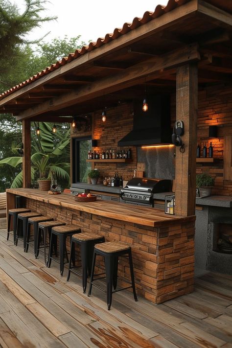 The Ultimate Guide to Outdoor Kitchen Design: Creating the Perfect Entertainment Space – Decorationg Patio Grilling Area, Rustic Home Exterior, Rustic Outdoor Kitchens, Outdoor Kitchen Design Ideas, Cabin Vibes, Rustic Outdoor Decor, Rustic Homes, Mismatched Chairs, Modern Outdoor Kitchen