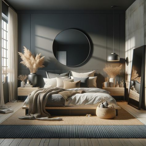 Snug, modern bedroom with an industrial vibe: King-sized bed with padded headboard, neutral pillows, woven throw blanket, circular mirror, bedside chest with decorative items, contemporary black lamp, floor-to-ceiling windows with white curtains, delicate plants, jute rug in slate and navy tones. Black Scandinavian Bedroom, Cozy Black And White Bedroom, Dark Japandi Bedroom, Organic Modern Bedroom Inspiration, Floor To Ceiling Headboard, Industrial Chic Bedroom, Cozy Industrial Bedroom, Modern Room Ideas, Bedroom Industrial Chic