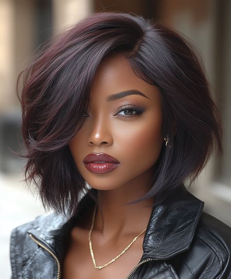 Deep Burgundy Bob for Light Skin Black Women Bob Hair Black Women, Wavy Bob Hairstyles For Black Women, Dark Bob Hairstyles, Fluffy Bob Black Women, Red Hair Short Hair, Burgundy Bob, Chic Short Hair, Dark Red Hair, Sassy Hair