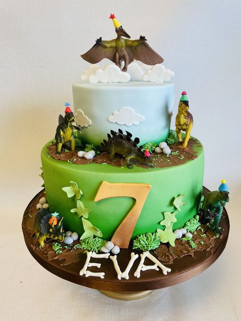 Dinosaur Tiered Cake, Dinosaur Two Tier Cake, 2 Tier Dinosaur Cake, Pterodactyl Cake, Dinosaur Theme Cake, Chocolate Piñata, Breakable Chocolate, Chocolate Pinata, Tiered Cakes Birthday