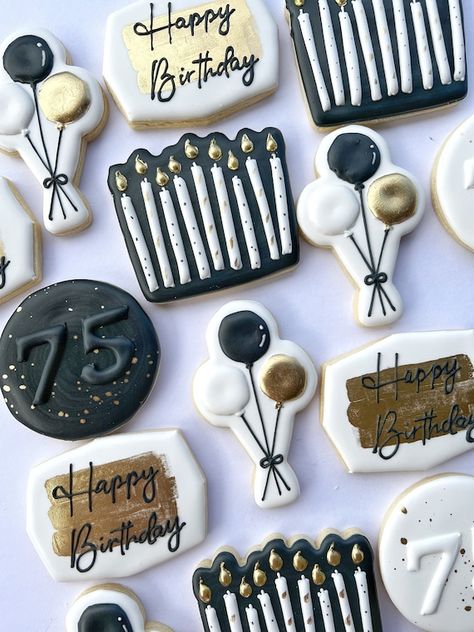 65th Birthday Favors, 65th Party Ideas, Decorated Birthday Cookies For Him, Black And Gold 70th Birthday Party, 60th Birthday Black And Gold Theme, Black And Silver Birthday Cookies, 70th Birthday Cookies Decorated Men, Black And Gold Cookies Decorated, Black And Gold Sugar Cookies