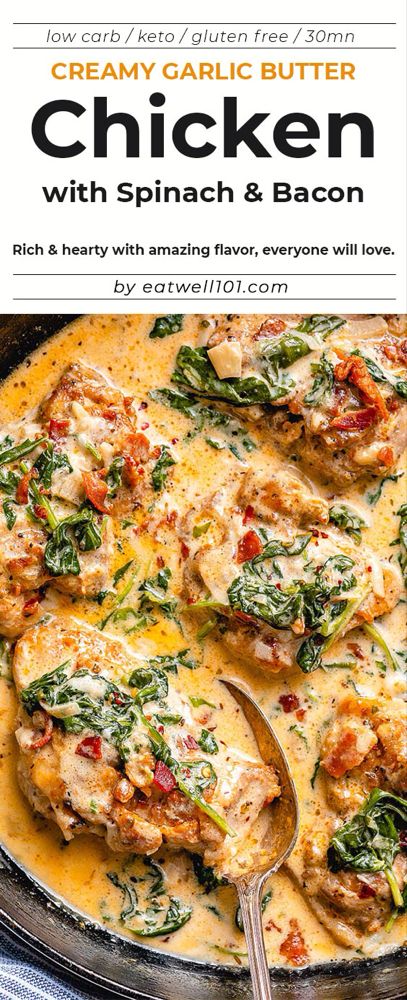 Creamy Garlic Butter Chicken, Chicken Tips, Chicken With Spinach, Spinach And Bacon, Easy Chicken Recipe, Tasty Lunch, Garlic Butter Chicken, Spinach Recipes, Keto Recipes Dinner