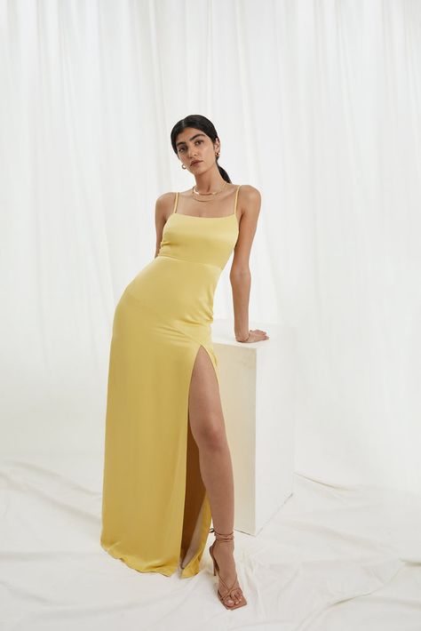 Yellow Bridesmaid Dress, London Models, Yellow Bridesmaid Dresses, Groomsmen Attire, Straight Skirt, Versatile Dresses, Side Split, Mimosa, Independent Designers Fashion