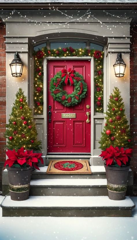 Check out these 21 front door decor ideas that are sure to wow your guests and boost your curb appeal instantly. --- A festive front door decorated for Christmas. The door is painted a vibrant red and adorned with a lush green wreath decorated with red berries and a gold bow. Flanking the door are small evergreen trees wrapped in twinkling fairy lights and set in rustic planters. The steps are lined with poinsettias and a welcoming doormat with a Christmas theme. Snow lightly dusts the scene, Front Door Christmas Decorations, Modern Christmas Decor, Christmas Front Doors, Christmas Decorations Living Room, Christmas Porch Decor, Green Wreath, Christmas Door Decorations, Evergreen Trees, Christmas Porch