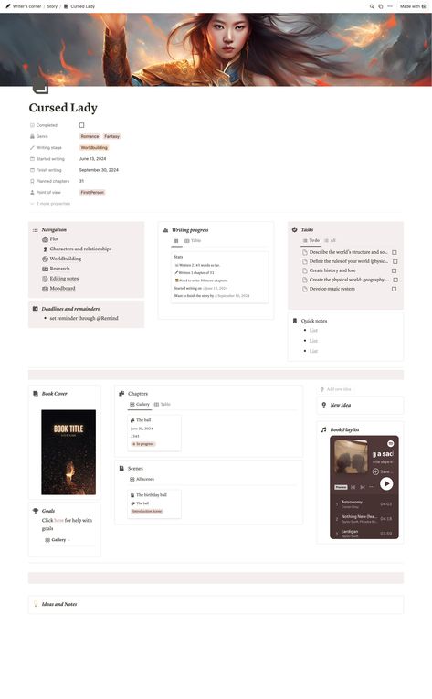 Notion For Writing A Book, Notion For Writing, Notion Template Ideas Writing, Notion For Writers Template, Notion For Writers, Notion Writing Template, Story Planning Template, Writing Notion, Notion Examples