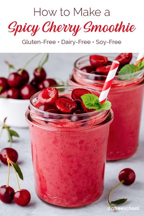 Spicy Vegan Cherry Smoothie Recipe (dairy-free, soy-free) Gluten Free Granola Recipe, Cherry Smoothie Recipes, Sebi Recipes, Recipes Dairy Free, Apple Pie Smoothie, Dairy Free Smoothies, Smoothie Ideas, Spinal Fluid, Cherry Smoothie