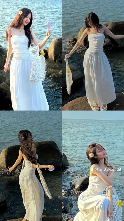 Simple Beach Outfit Ideas, Goa Outfits Beach, Douyin Photoshoot, White Dress Korean, Korean Beach Outfit, Simple Beach Outfit, Modest Girly Outfits, Tropical Outfit, White Long Skirt