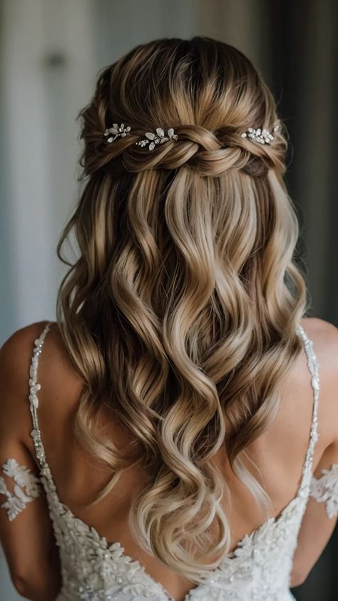 Hair For Off Shoulder Wedding Dress, Bridesmaid Hair Winter Wedding, Wedding Hair Vine Half Up, Wedding Hair Down Accessories, Wedding Hair Accessories For Bride, Half Up Half Down Wedding Hair Hairpiece, Wedding Hairstyles For Fine Hair Half Up, Bride Hair Straight, Winter Bridal Hair