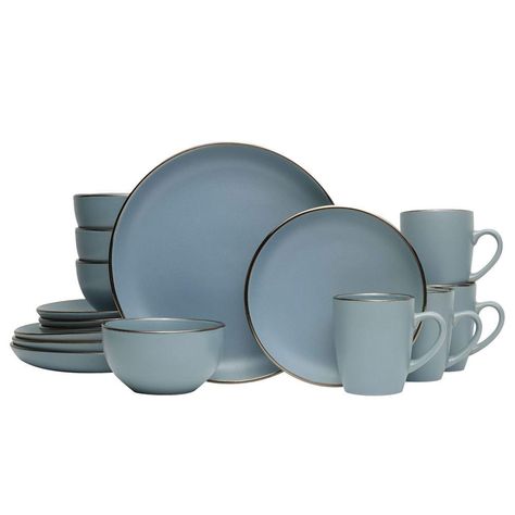 Hadlee Blue 16 Piece Dinnerware Set, Service for 4 Grey Dinnerware, Dinner Ware, Blue Dinnerware, Stoneware Dinnerware Sets, Solid Shapes, Stoneware Dinnerware, Modern Accents, Blue Design, Cereal Bowls