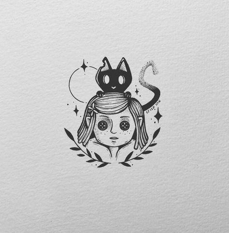 Unique Coraline Tattoos, Coraline Tattoo Design, Caroline Tattoo Ideas, Coraline Cat Drawing, Coraline Cat Tattoo, Small Coraline Tattoo, Coraline Doodles, Coraline Flash Tattoo, Coraline Flash