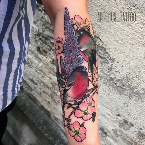 Bullfinch, dogwood and lupine for the very best Nathalie! Thank you for traveling! 🇳🇴 - - - - - - - - - #arteliustattoo #bullfinch… Bullfinch, Bird Tattoo, Birds Tattoo, First Tattoo, Tattoo Images, Skull Tattoo, Tattoo Ideas, Thank You, Tattoos