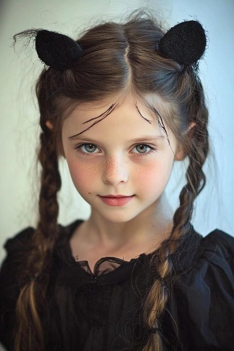 Halloween hairstyles, spooky kids hairstyles, bewitching hairstyles Halloween Hairstyles For Kids, Small Black Cat, Black Hair Bun, Halloween Hairstyles, Pink Streaks, Choppy Bangs, Blonde With Dark Roots, Tousled Hair, Ear Accessories