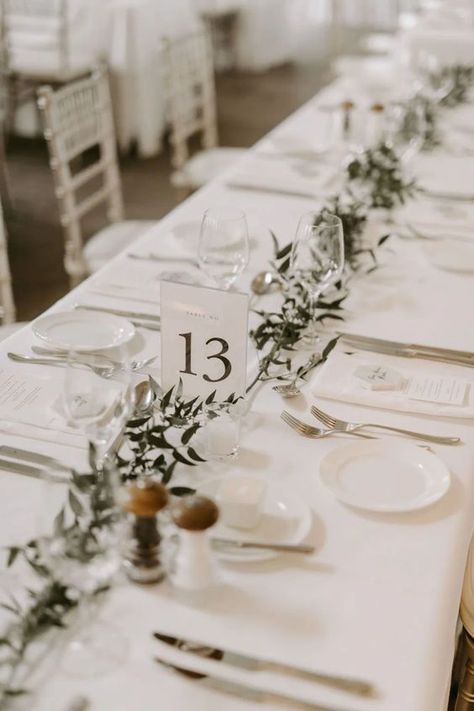 Rustic Greenery Table Setting, Modern Minimalist Table Numbers Wedding, Greenery On Table Wedding, Loose Italian Ruscus Table Runner, Greenery Garland Centerpiece, Simple Modern Wedding Reception, Modern Minimalist Table Setting Wedding, Greenery Wedding Table Setting, Minimalist Italian Wedding