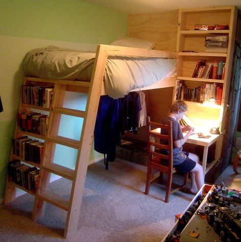 Picture of Loft Beds With Bookshelf Ladders Ariel Bedroom, Boys Loft Beds, Lofted Beds, Bed With Desk Underneath, Cool Loft Beds, Build A Loft Bed, A Loft Bed, Bookshelf Bed, Loft Bed Plans