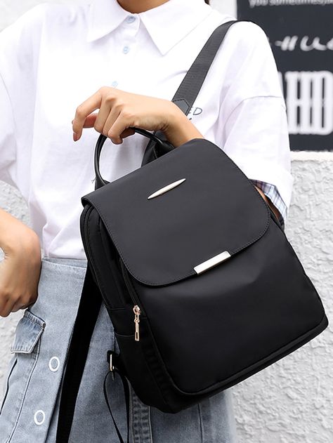 Black Cool   Nylon Plain Flap Backpack Embellished   Women Bags School Bag Leather Black, Fashion Backpack Women, Outfits Con Mochila, Backpack Outfits Women, Bagpack For Women, Stylish Backpacks For Women, Stylish Bags For Women, Backpacks Women, Tas Vintage