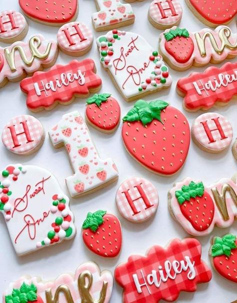 Strawberry Cookies First Birthday, Berry First Birthday Party Cupcakes, Strawberry Themed 1st Birthday Cookies, Berry Sweet 1st Birthday Cookies, Strawberry Birthday Cookies Decorated, Strawberry Theme Sugar Cookies, Strawberry Theme Cupcakes 1st Birthdays, 1st Birthday Dessert Ideas, Berry Birthday Cookies