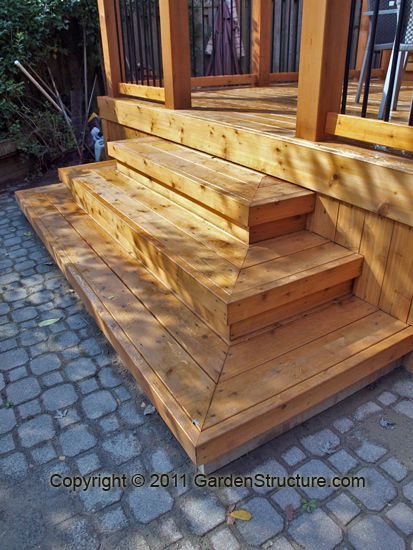 Wide Deck Stair Designs | canopy system there is still a nook in the far corner designed for ... #deckbuilding Wide Deck Stairs, Terrasse Med Tak, Corner Deck, Patio Stairs, Patio Steps, Deck Steps, Stairs Ideas, Wooden Deck, Deck Construction