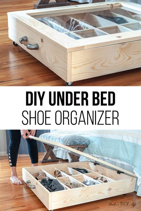 Such a great idea! DIY under bed shoe storage idea! Using a drawer. Full how to build tutorial including woodworking plans and video tutorial. Great for organizing shoes in small spaces and bedrooms or closets! #AnikasDIYLife #organization #woodworking Shoe Organization Diy, Under Bed Organization, Under Bed Shoe Storage, Bed Organiser, Shelves Storage, Wine Cellars, Cardboard Furniture, Under Bed Storage, Storage Diy