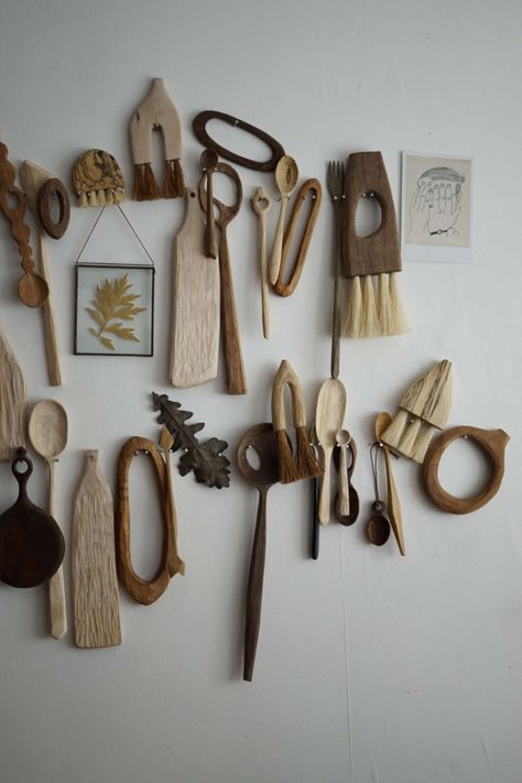 Hand-Carved Wooden Spoons, Brushes, and More by Sophie Sellu Handmade Broom, Hand Carved Wooden Spoons, Wooden Objects, Hand Carved Spoon, Wood Spoon Carving, Brooms And Brushes, Carved Spoons, London Artist, Wood Wax